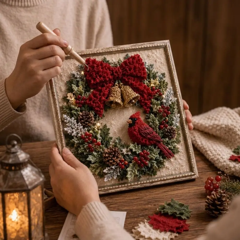 Handmade Christmas Fabric Poke Art Kit Educational Wall Hanging 3D Fabric Embroidery DIY Set Vintage Unique