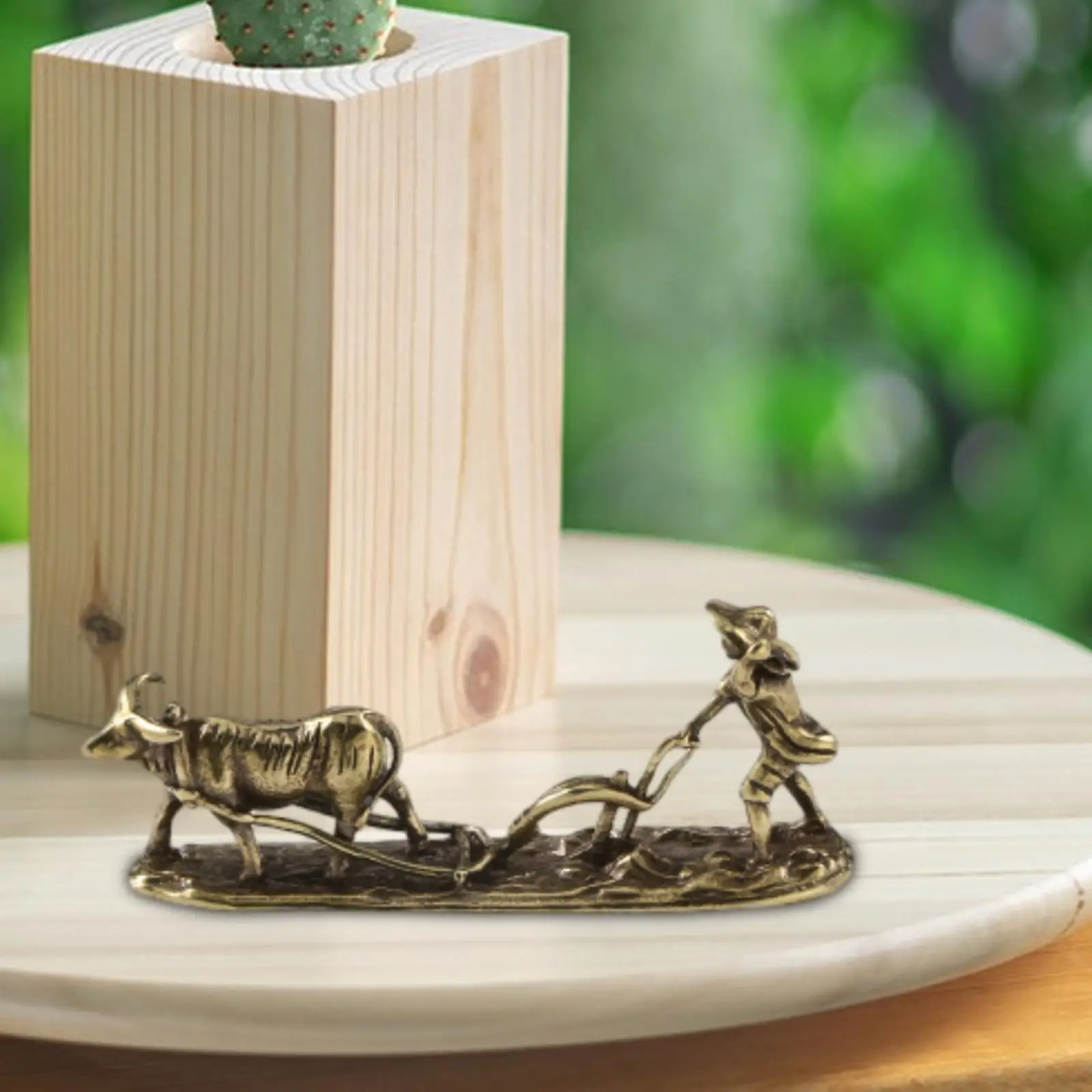 Brass Cow Plow Figurine Miniature Cow Sculpture Chinese Feng Shui Ornament Handmade Brass Desktop Sculpture Modern for Table