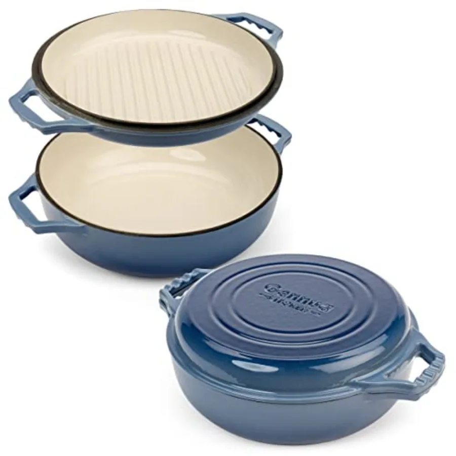 

2-in-1 Enameled Cast Iron Braiser Pan with Grill Lid - 3.3-Quart Small Dutch Oven Serves as Both Casserole and Stovetop Grill P