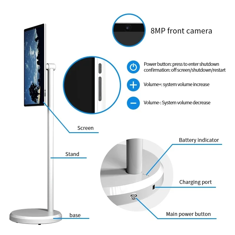 22 inch Movable TV 2K Camera Inbuilt Android 15 Floor Stand Tablet 8-core 4G+64G Rotatable Screen Airplay Projection Supported