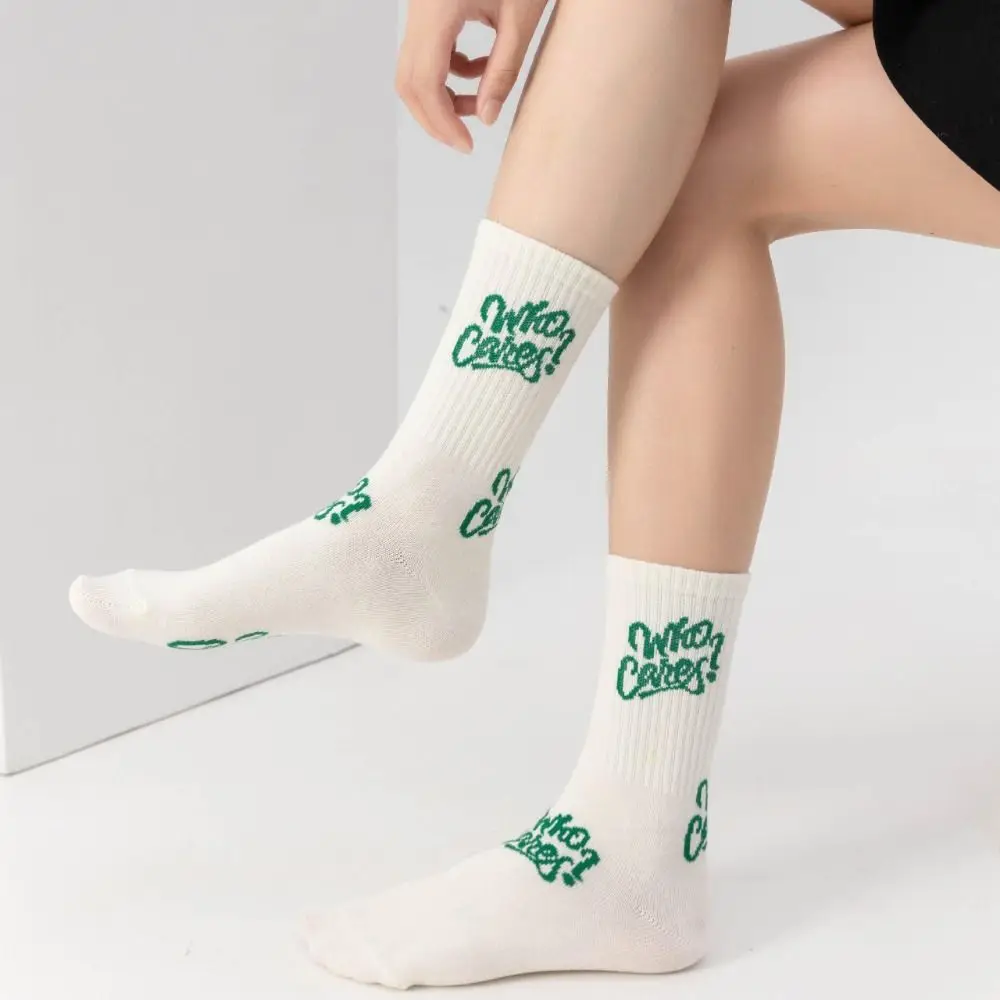 Fashion Cotton Green Socks Japanese Style Ins Mid Tube Socks Harajuku Letter Striped Socks For Women Men