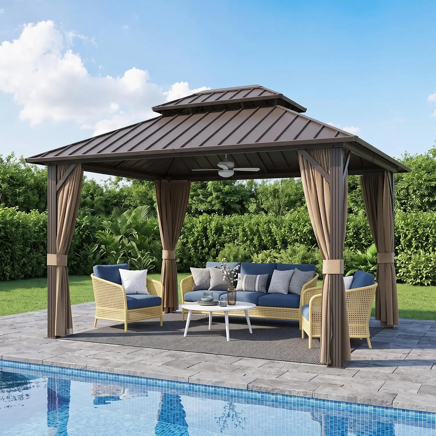 10x10 ft Hardtop Gazebo Outdoor Aluminum Patio Gazebo Double Roof Galvanized Steel Canopy with Netting and Curtains for Garden,