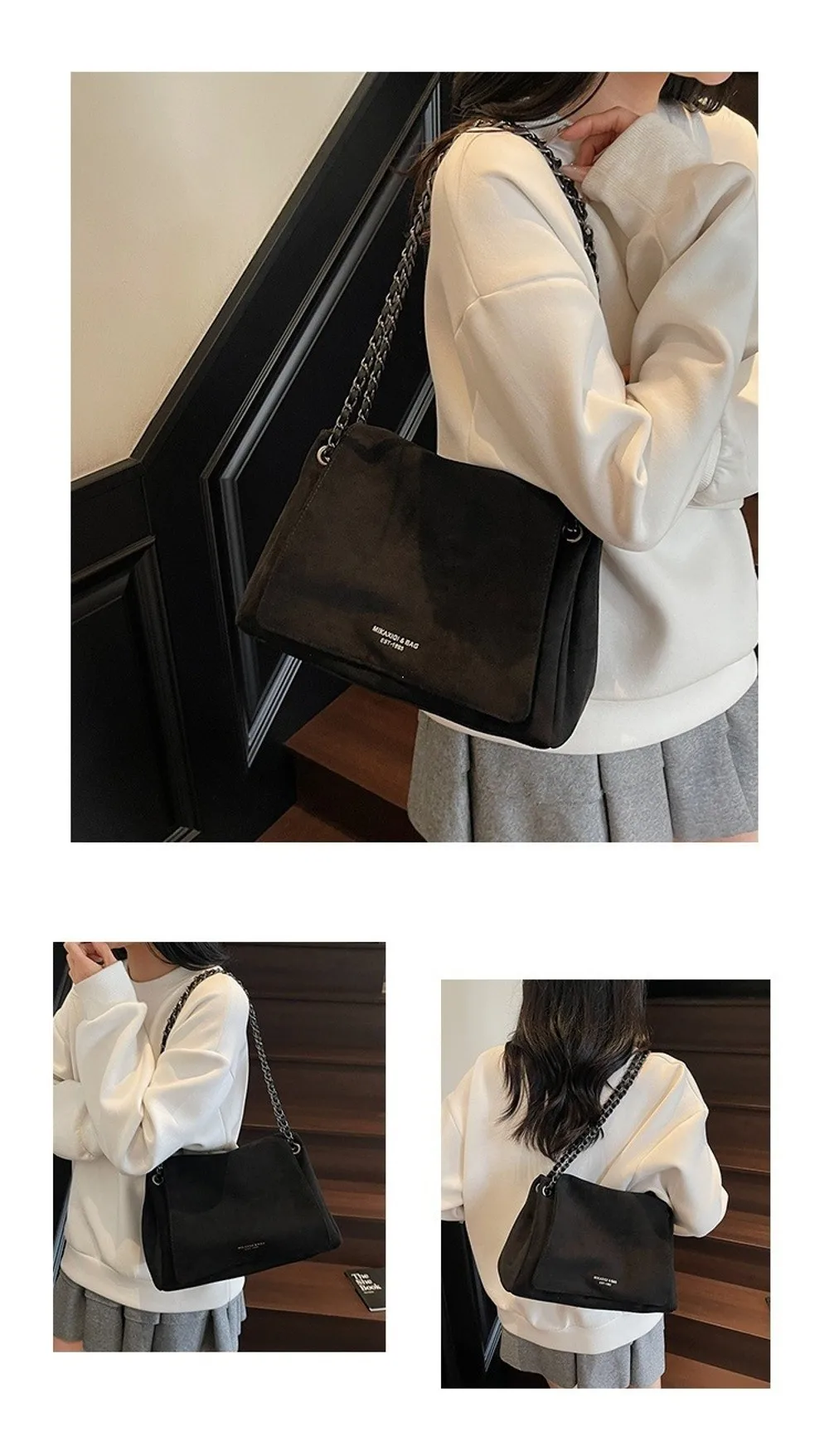 Elegante Retro Damen Schultertasche aus Wildleder, Große Kapazität, Handtasche, Umhängetasche, Einfarbig, Ketten-Unterarmtasche, Herbst Winter – Detail 4