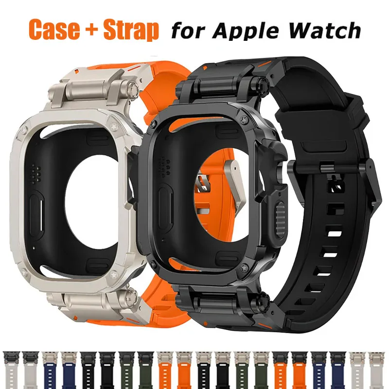 TPU Case+Strap for Apple Watch Ultra 2 1 Rubber Loop Band 49mm Silicone Men Bracelet for IWatch Series 9 8 7 45mm 6 5 4 Se 44mm