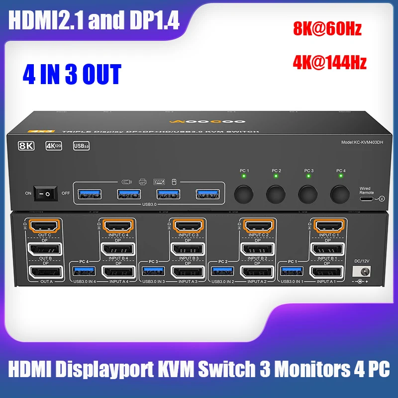8K@60Hz/4K@144Hz HDMI Displayport KVM Switch 3 Monitors 4 PC, USB 3.0 KVM Switches with Wired Remote and USB3.0 Cables