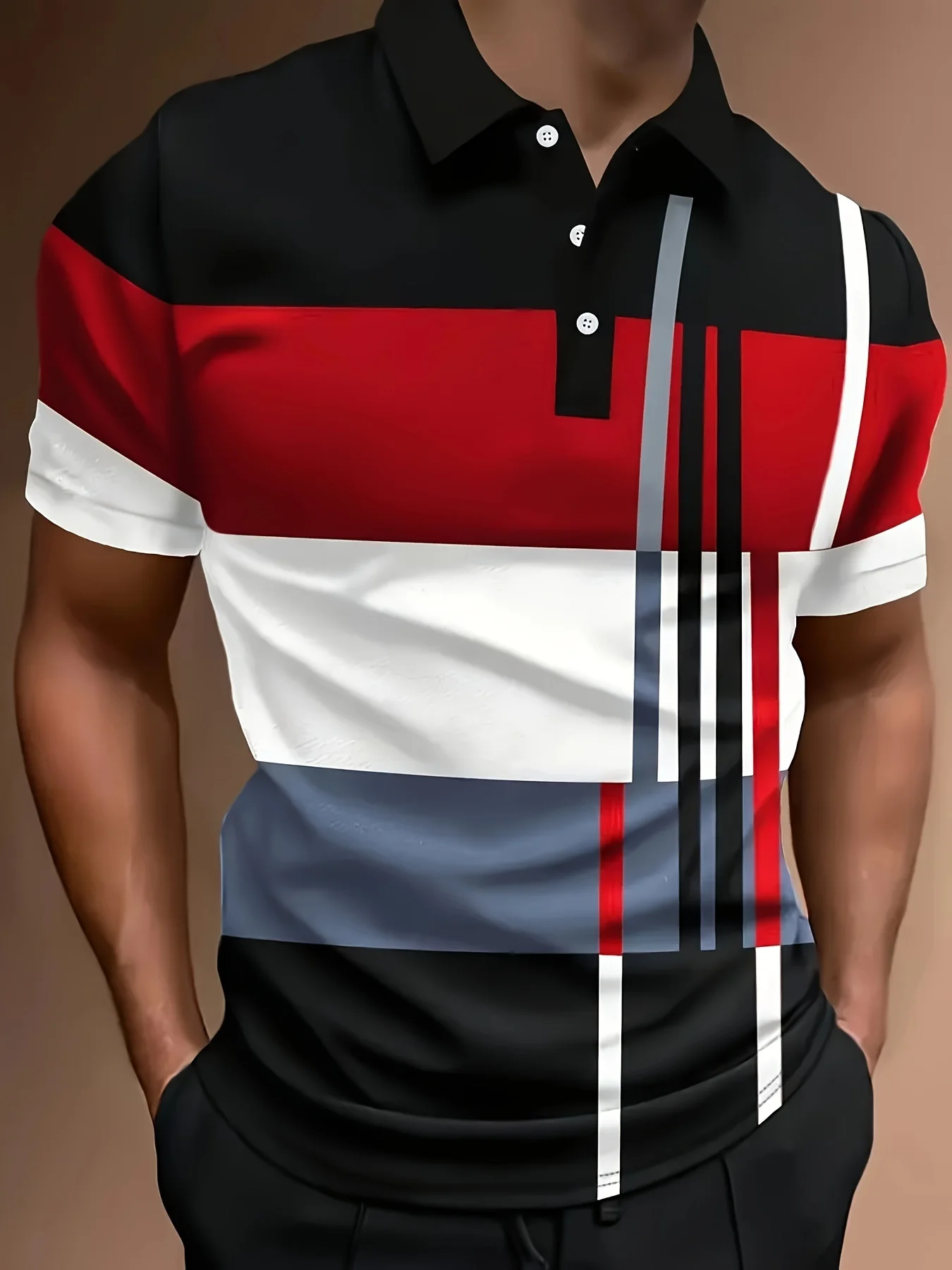 2025 Men'S Casual Geometric Print Knit Polo-Style Shirt with Lapel Collar and Slight Stretch -Polyester Material - Regular Fit