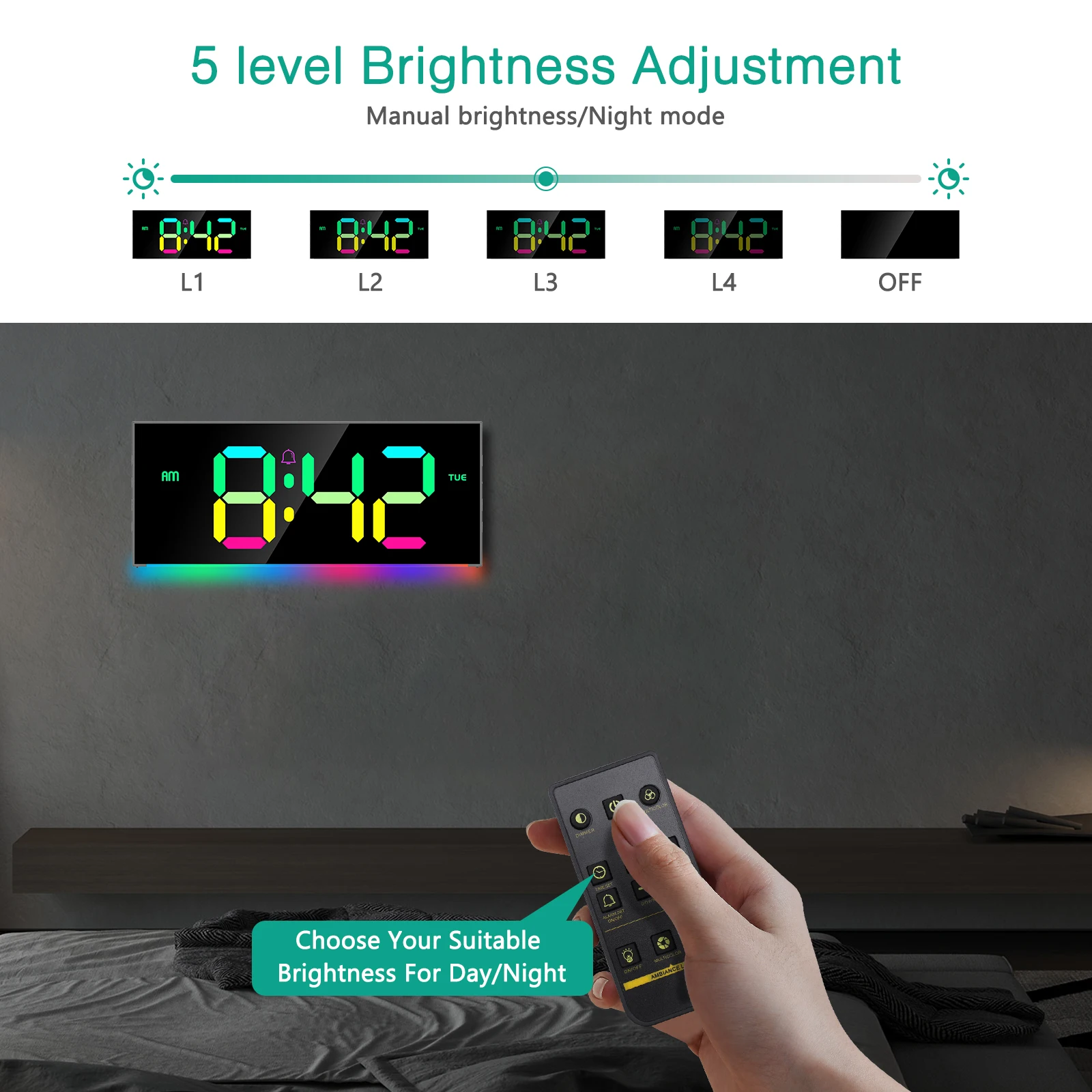 ORIA Digital Wall Clock 12" Large Display RGB Colorful Alarm Clock with Remote Control for Living Room, Gym view 4
