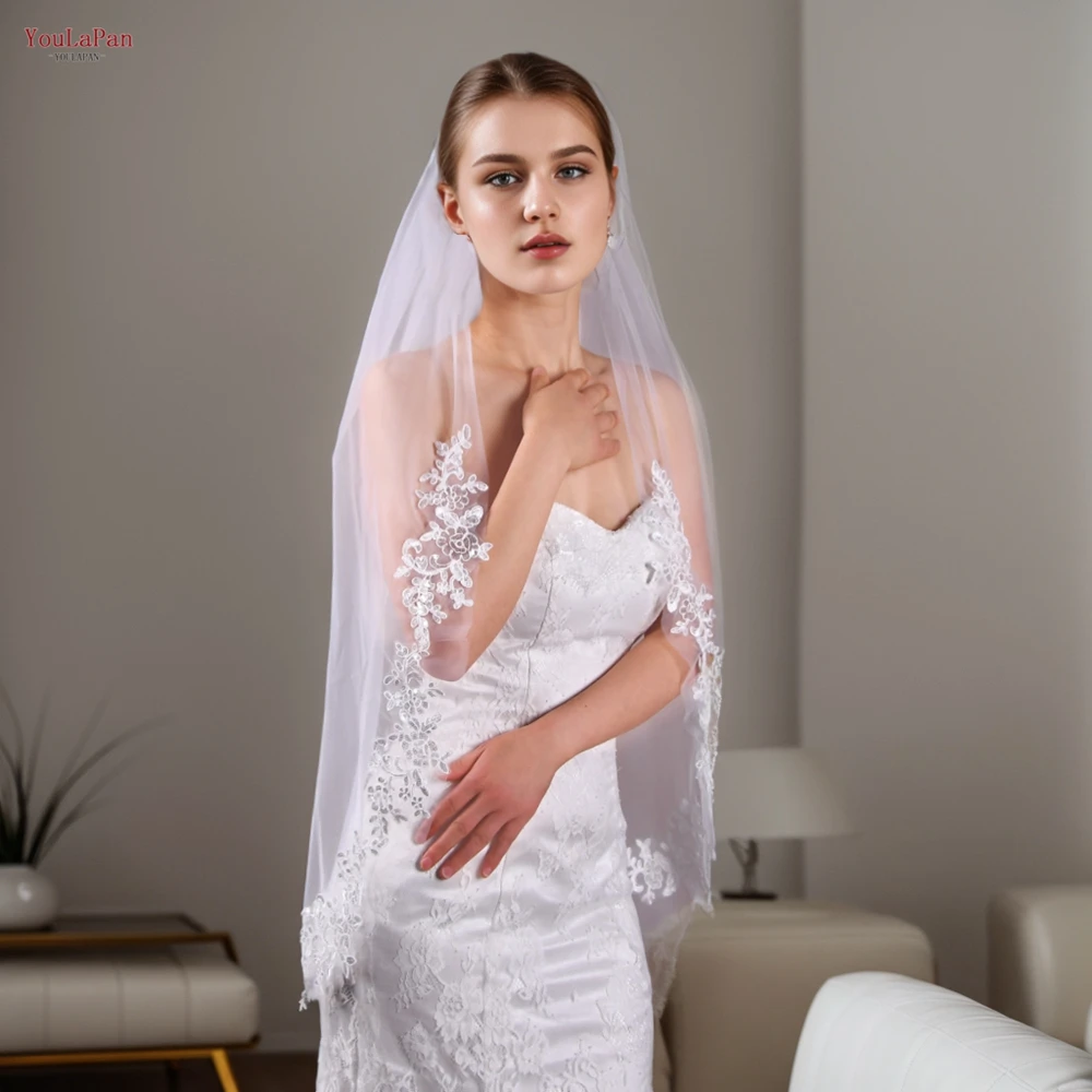 YouLaPan V47 Chapel Length Wedding Veils with Lace Applique Handmade Luxury Women Wedding Veil White/Ivory Long  Bridal Veil