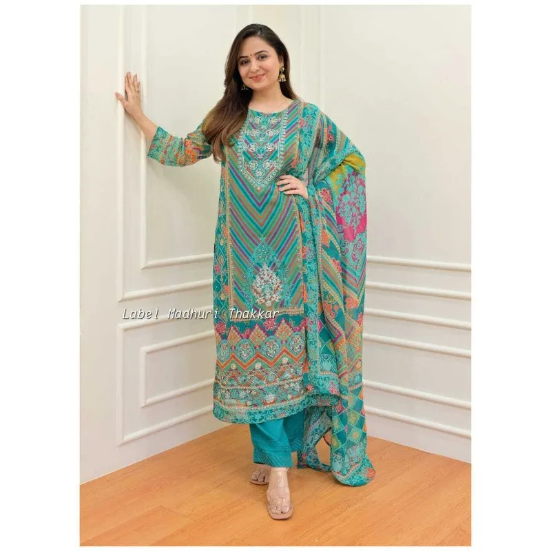 

Heavy Embroidery Work Kurti Palazzo With Dupatta Set Women Salwar Kameez Suit