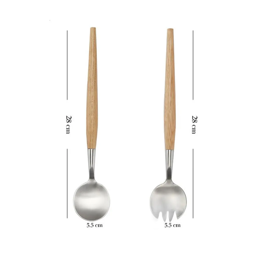 2Pcs Stainless Steel Salad Cutlery Set Fork and Spoon with Solid Wood Handle Comfort Grip No Rough Edges Rustic Kitchen