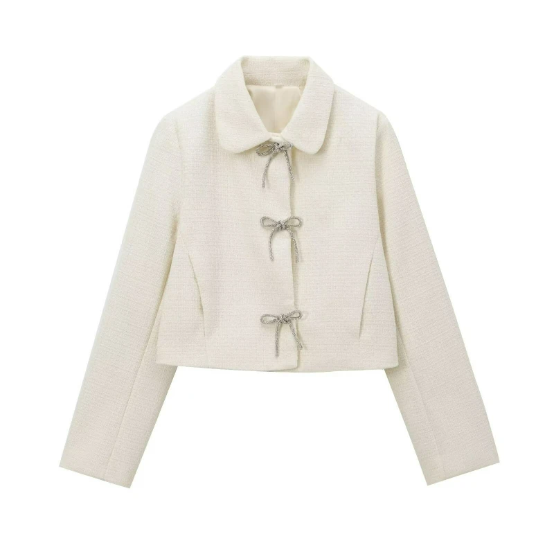 2026 Autumn Fashion French Elegant Temperament Single Breasted Jacket Solid Color Bow Button Embellished Textured Coat for Women