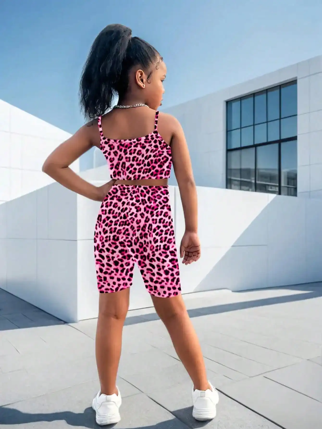 Children's Clothing Set with Fashionable Leopard Print Letter Printed Tank Top and Elastic Waist Leopard Print Shorts Set