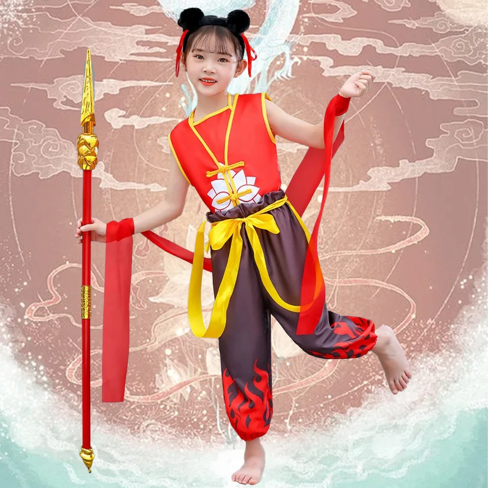 أزياء الهالوين التأثيرية لعيد الأطفال ملابس أداء المسرح Nezha أحفاد شيطان الطفل زي المسرح العرقي