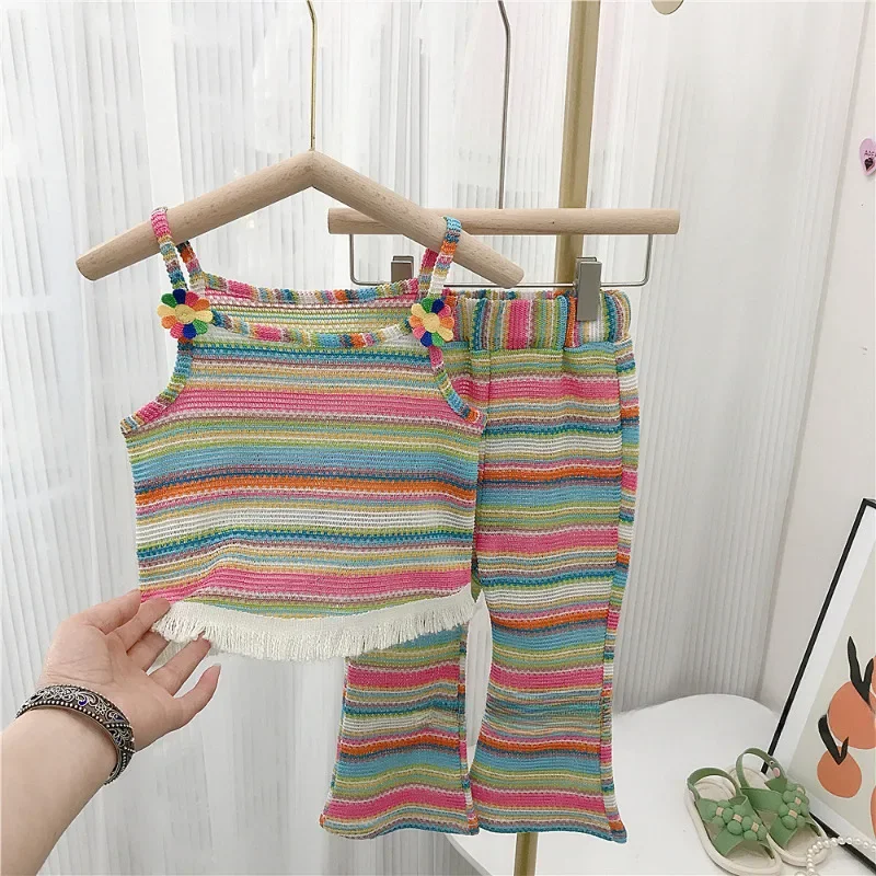 Girls Clothes Set Summer Sleeveless Tassels Top & Pants 2 Pieces Suit Striped Tracksuit Kids Vest & Flared Trousers Holiday Wear