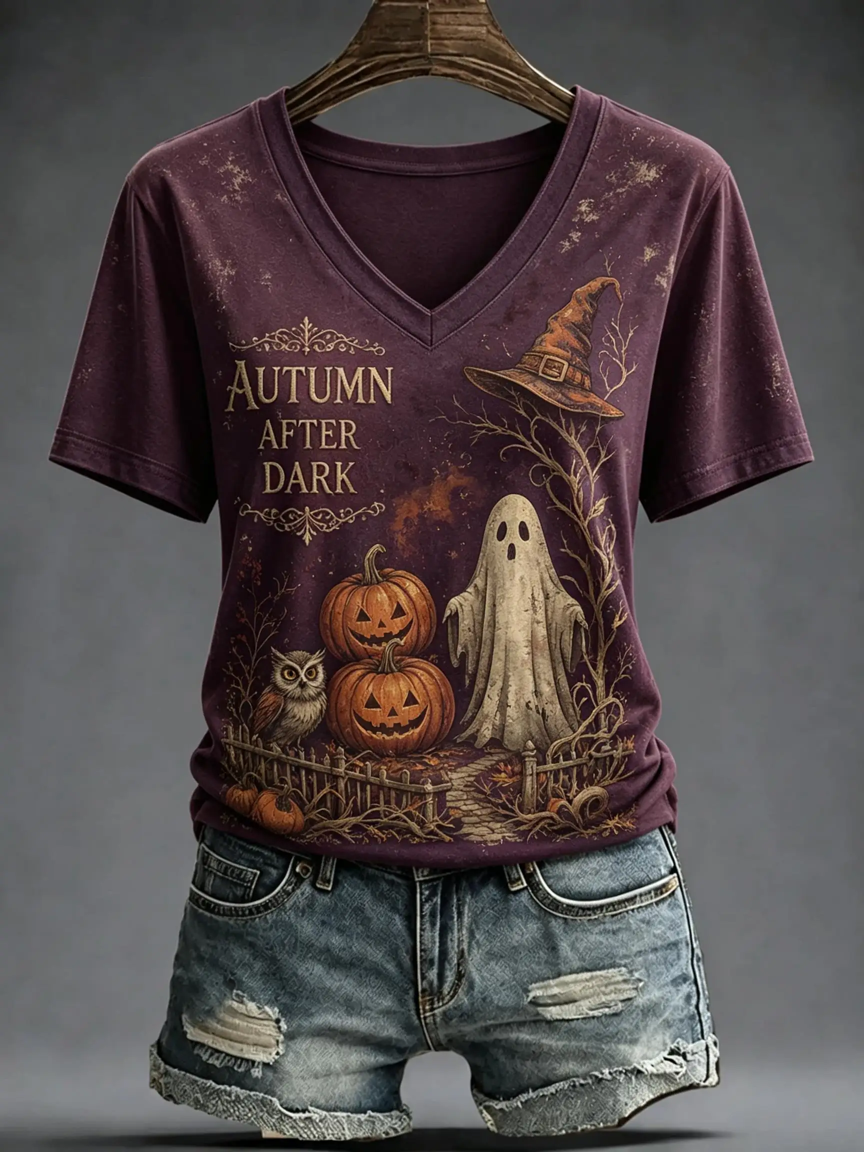 Women V‑Neck Short Sleeve T‑Shirt Vintage Halloween Gothic Print Tees Cross Rose Bat Ghost Pumpkin Owl Tops