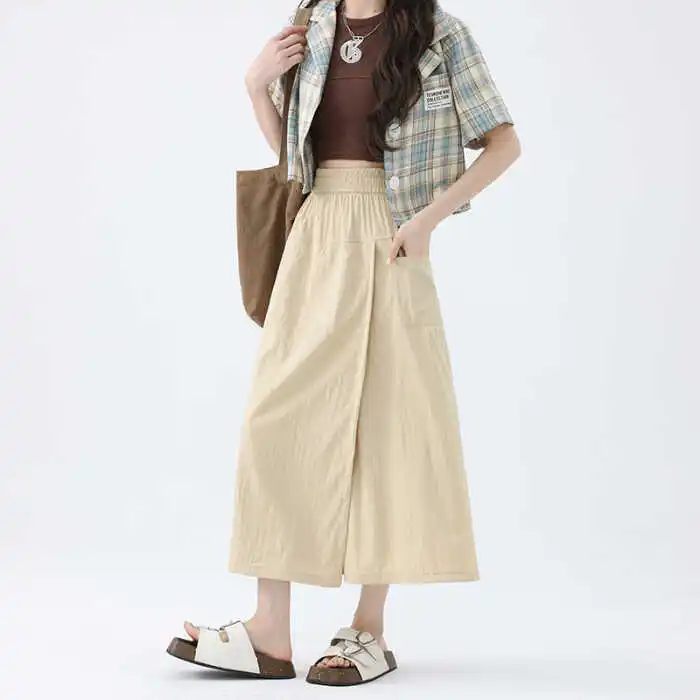High Waist Ice Silk Half Skirt Pants Women's Summer Thin Casual Pants Wide Leg Pants Commute Style Korean Version Pocket Design