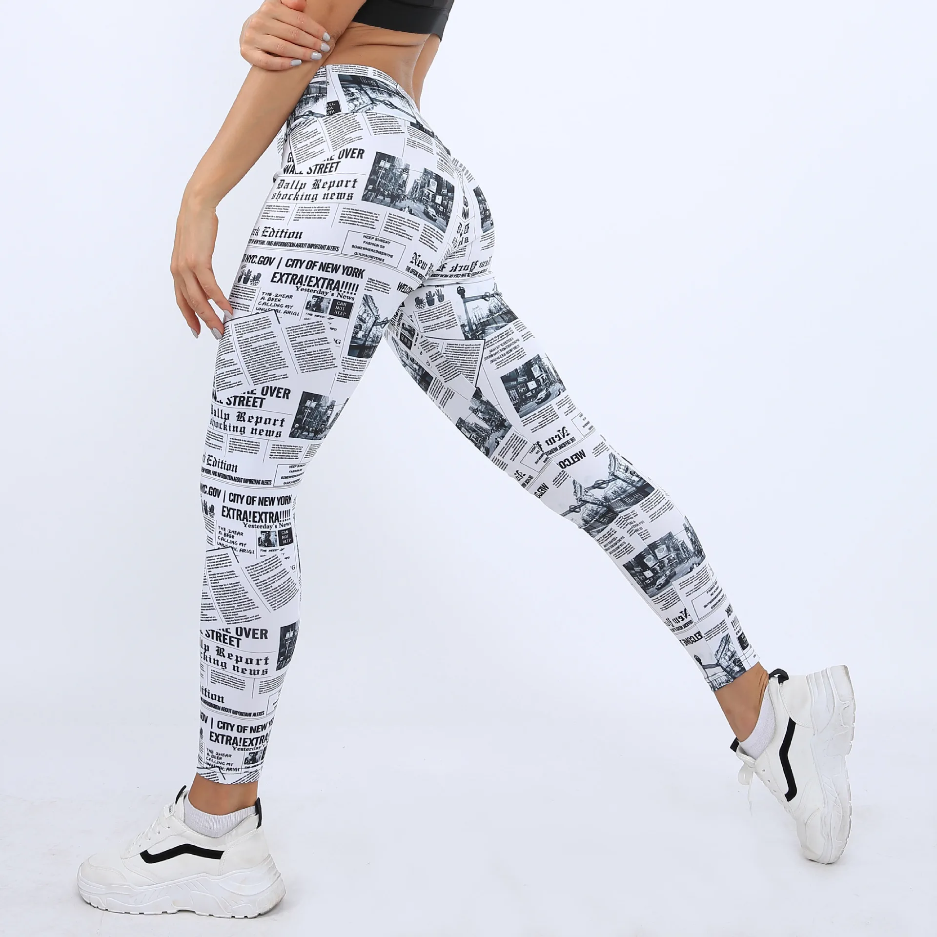 Gradual change four stitches six thread digital printing newspaper yoga tight nine-point pants women