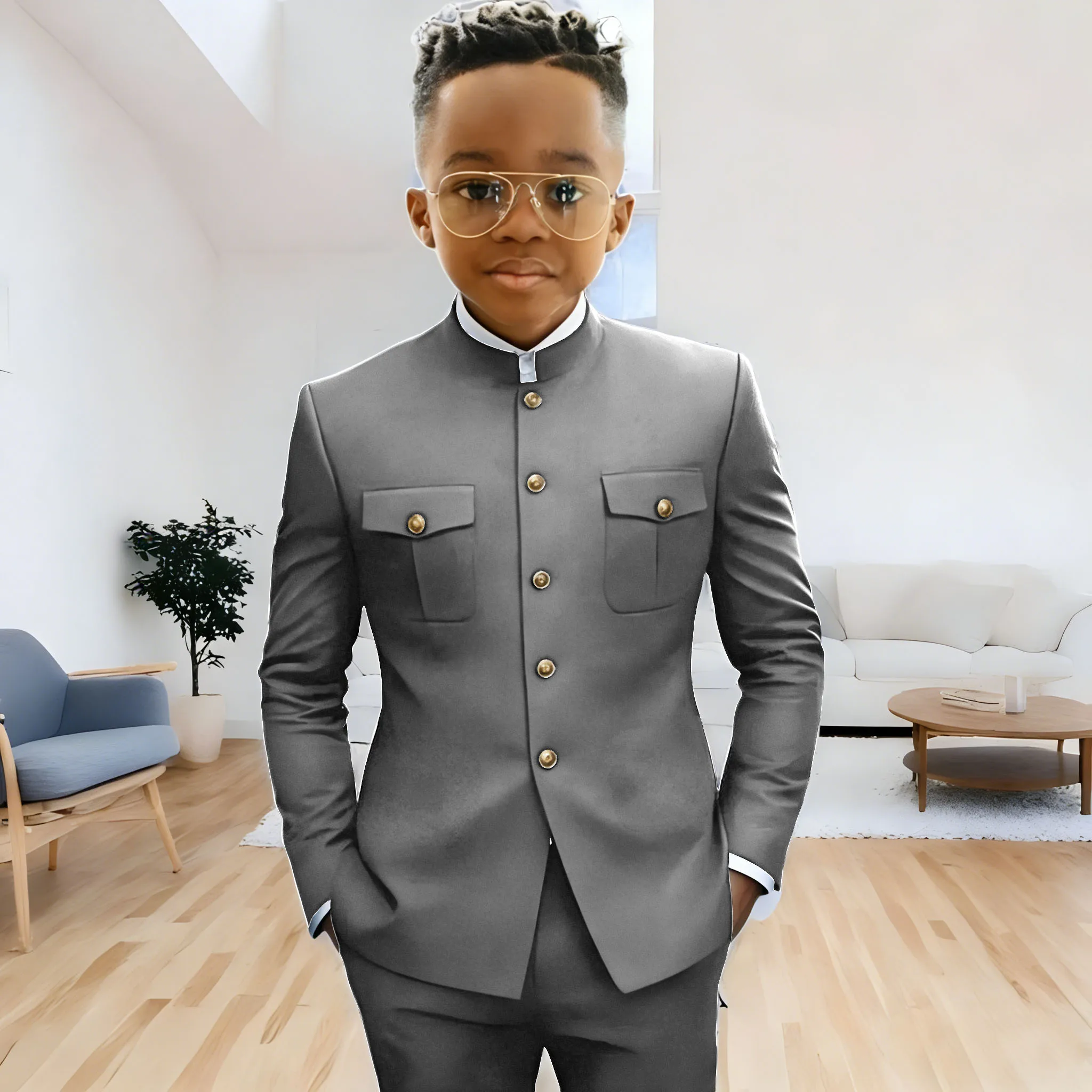

Light Grey Boy African Style Stand Collar Suit Fashion Boy Formal Wear Wedding Dress Costume Kids 2 Piece Set Jacket+Pants