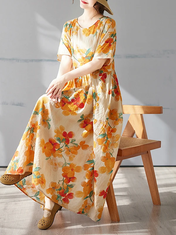 Amarelo floral impressão n longo dr verão novo plus size ort sve redondo ne impressão feminino dr algodão linho material