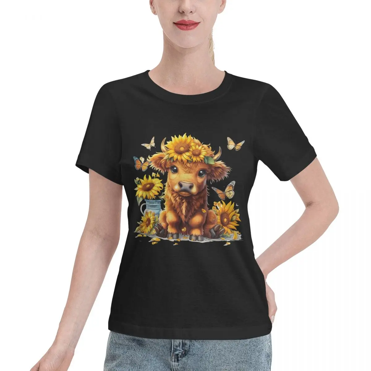 

2025 New Summer Women's Basic Short Sleeve T-Shirt Highland Cow Sunflower Butterfly