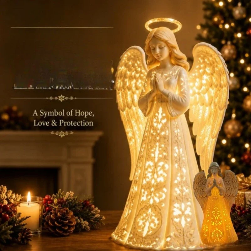 Lighted Angel Resin Praying Angel Figurine with Warm LED Light,Tabletop Decoration, Holiday Religious Gift for Home Mantel Decor