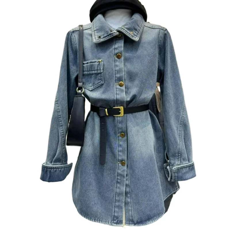 American Niche Stand-up Collar Fleece Denim Jacket Fall and Winter Fashion Versatile Loose and Thin Medium and Long Fleece Shirt