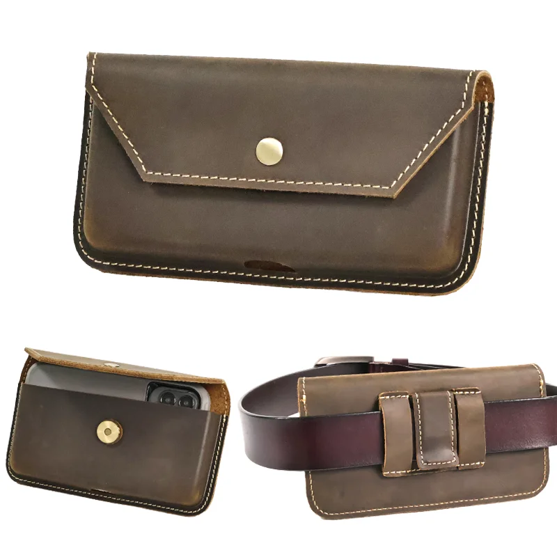 1pcMen's Top Layer Cowhide Mobile Phone Waist Bag, Genuine Leather Leisure Wallet, Multi-Functional Men's Hanging Bag