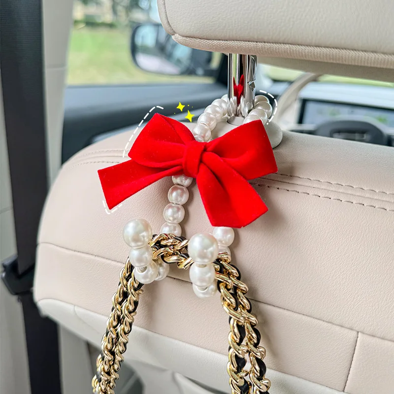 Car Rear Seat Hook Cute Bow White Pearl Hanger Hook Closed Design Auto Hook Stainless Steel Headrest Hooks Car Accessorie New