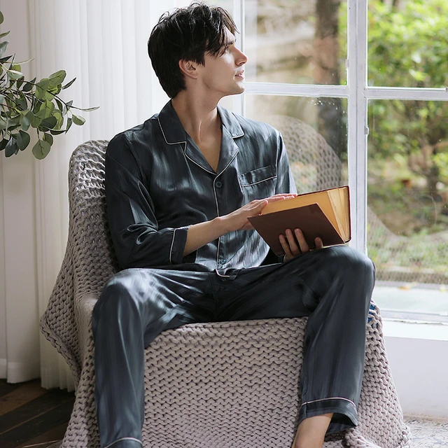 Men s Spring Autumn Summer 100 Silk Pajamas Thin casual and simple to wear out Home Summer Pajama Set AliExpress