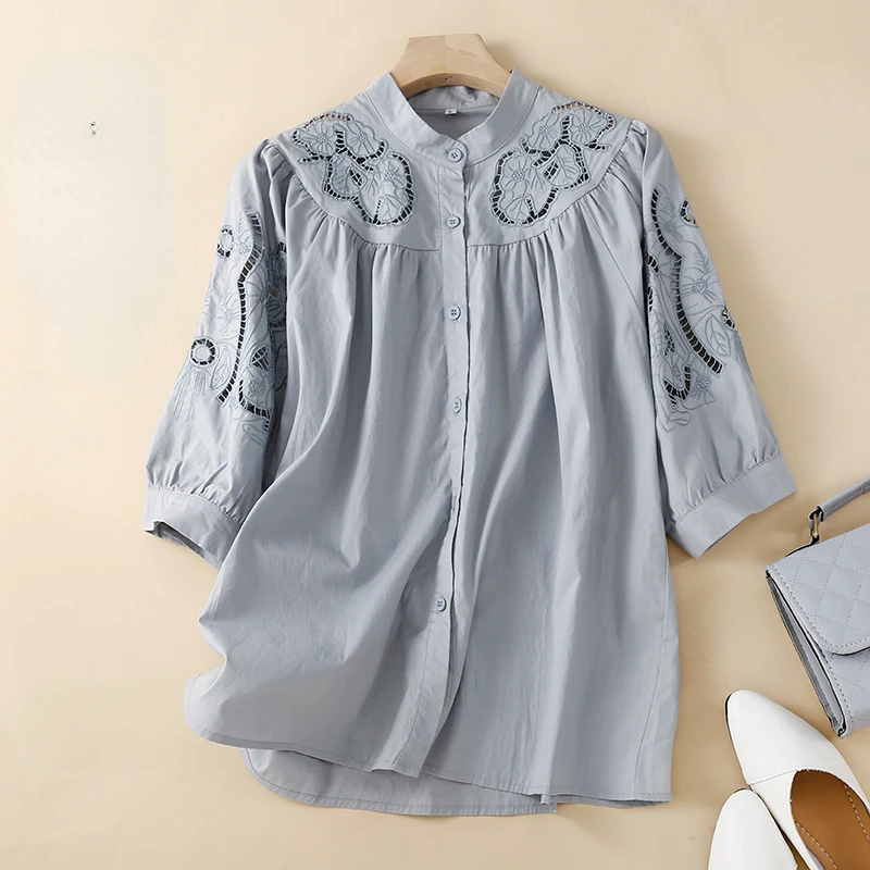 

Hollow Out Embroidery Solid Women Shirts Summer New Design 2024 Half Sleeved Straight Casual All Match Female Outwear Tops