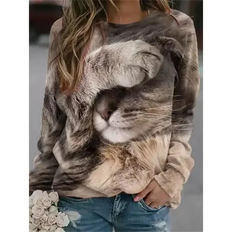 Sweat-shirt décontracté à col rond pour femme, sweat à capuche polyvalent, impression de chat 3D, mignon, petit, frais, vêtements de maison,