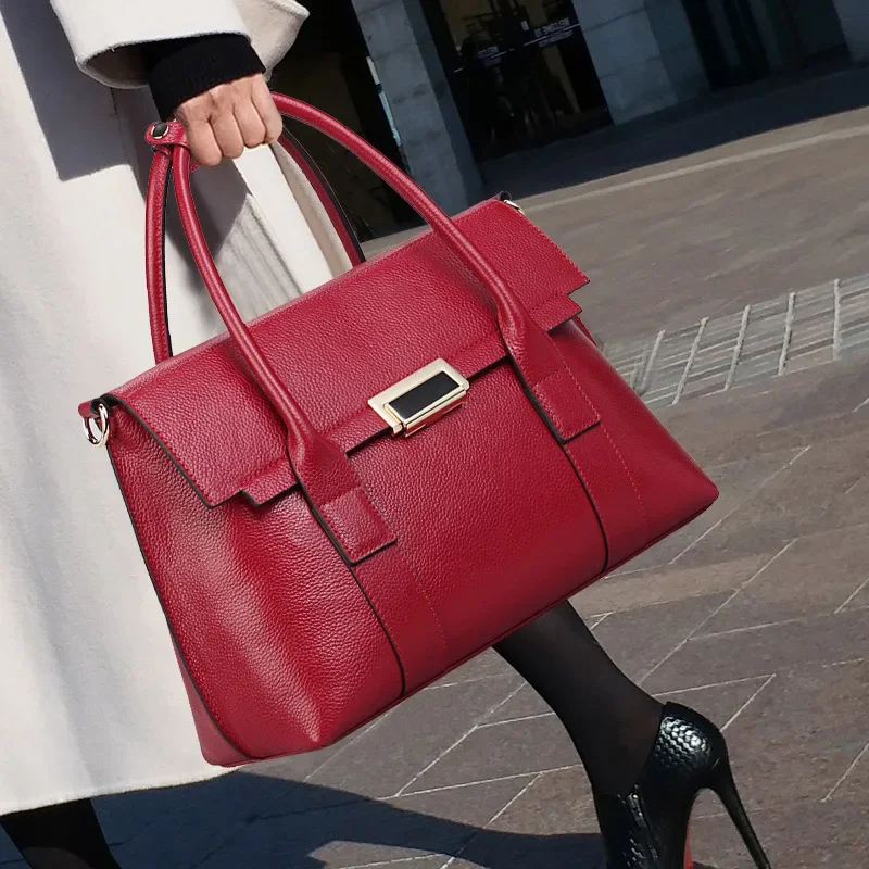 

2025 New Genuine Leather Briefcase Women Handbags Large Capacity Ladies Fashion Cowhide Shoulder Messenger Bags Portable