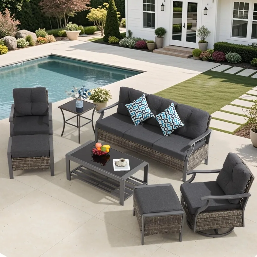 

7 Pieces Metal Patio Furniture Set, Outdoor Conversation Set Sectional Sofa Couch with Swivel Chairs for Garden Deck Backyard -G