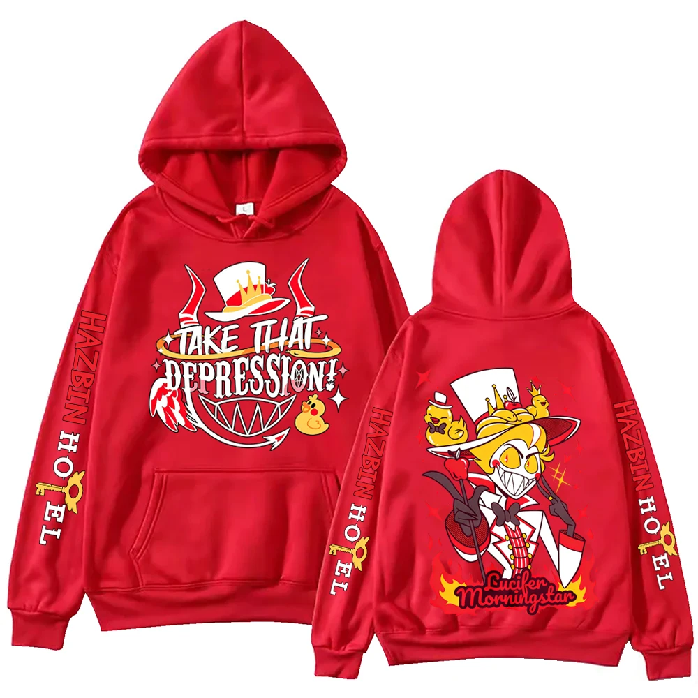 2025 هازبين فندق لوسيفر الجرافيك هوديي رجل امرأة الشارع موضة قناع السترة القمم كم طويل الصوف فضفاض البلوز