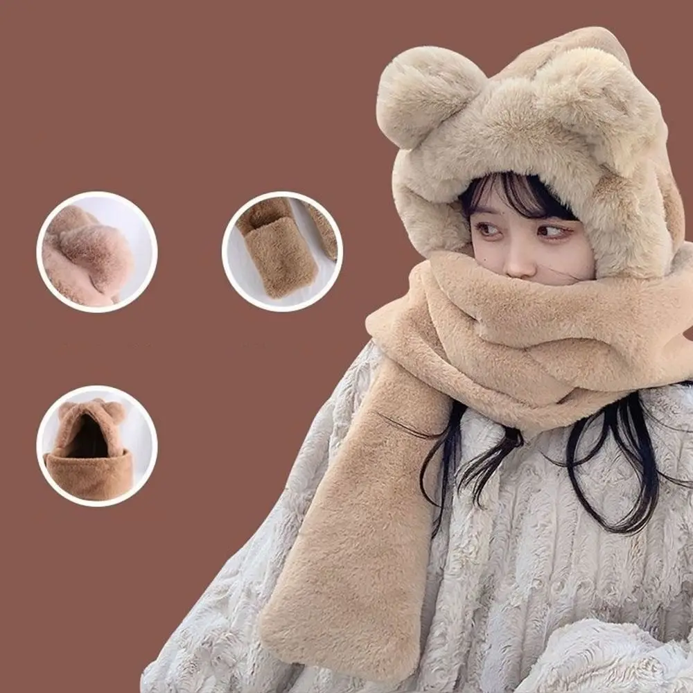 لطيف آذان الدب قبعة يندبروف سميكة قبعة متكاملة وشاح الشتاء قبعة دافئة وشاح قفازات مجموعة للفتيات امرأة