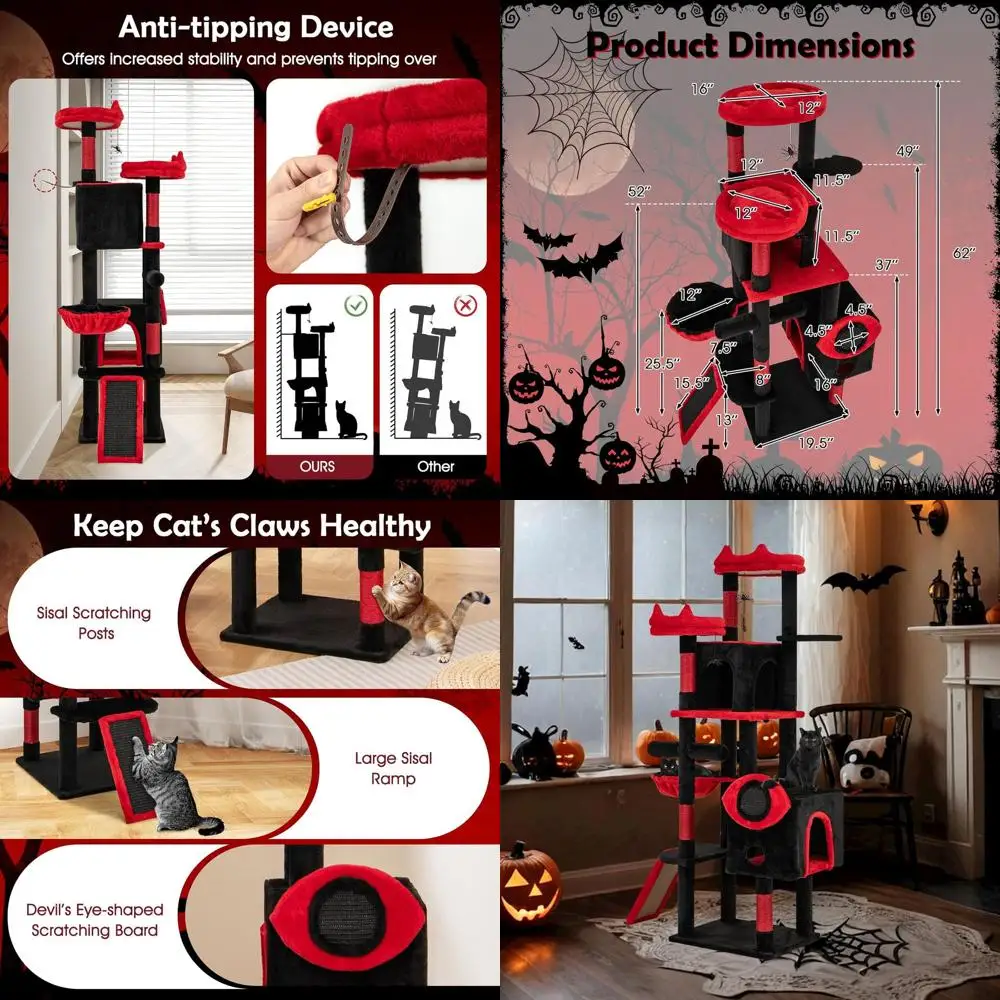

Большая готическая кошачья лестница с сизалевыми стойками, лестницей-переходником, 2 площадками для отдыха, игрушками в виде пауков и летучих мышей, лежанкой-корзиной, черно-красная