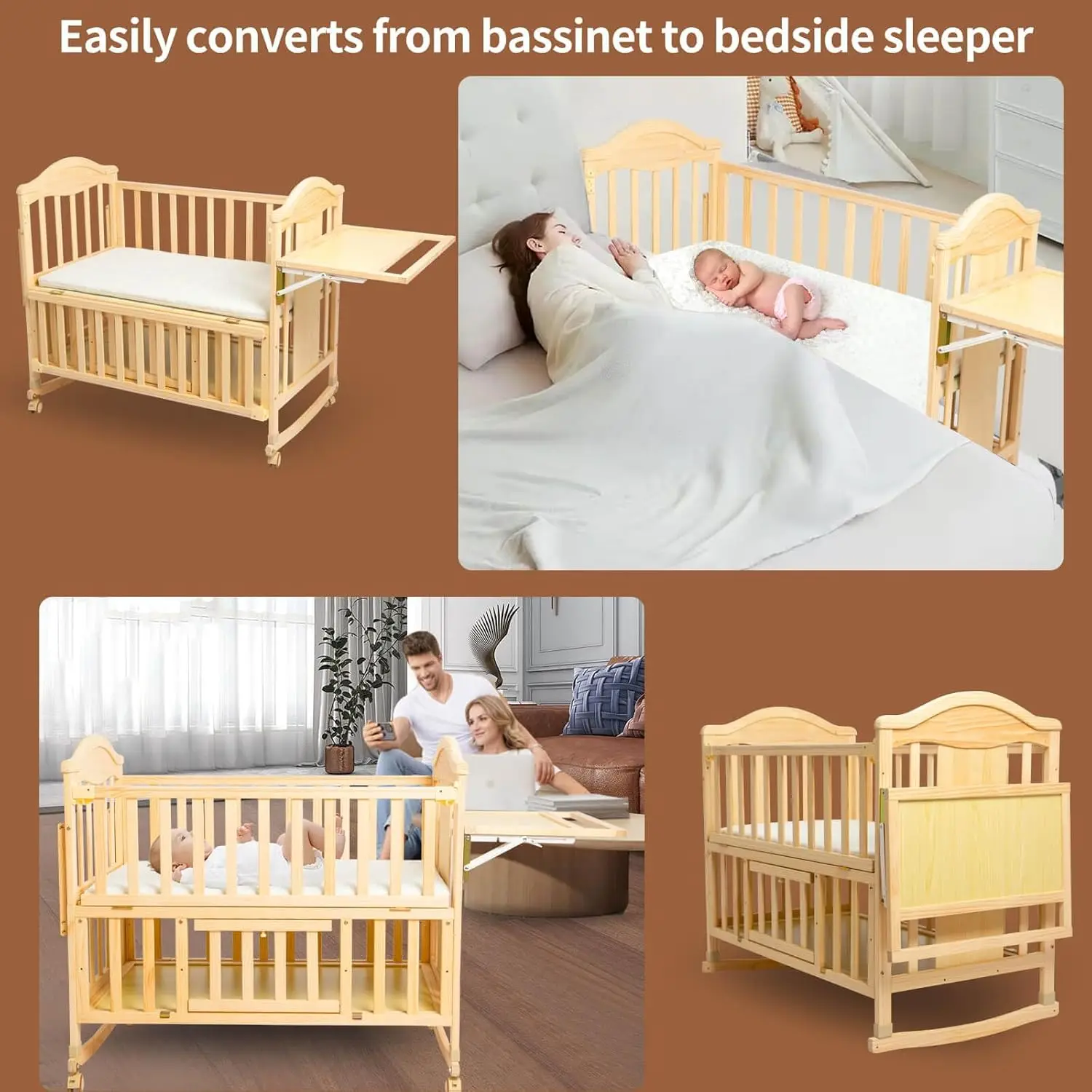 Mini berceaux 4 en 1 pour bébé, structure convertible 138 bébés avec étagère proxy et matelas inclus, 2024 bois