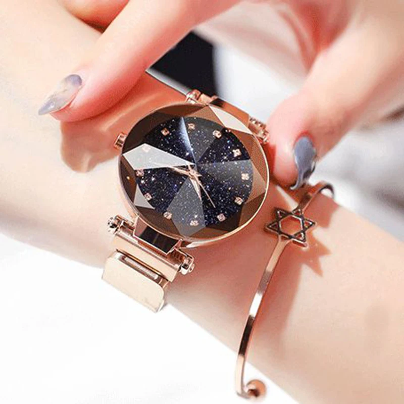 Relojes de pulsera de malla de acero inoxidable para mujer, reloj de pulsera de cuarzo analógico de cristal, reloj de vestir deportivo para mujer, cielo estrellado de lujo