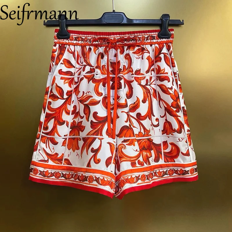 Seifrmann Casual printed silk elastic elastic waist loose shorts 2026 summer fashion women's clothing