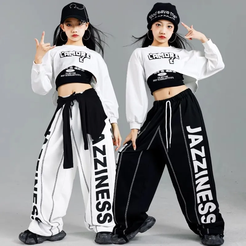 Moderne Jazzdans Kleding Meisjes Lange Mouwen Crop Tops Joggingbroek Ballroom Praktijk Kleding Hip Hop Prestaties Pak BL14316