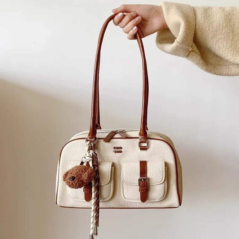 

Brand Designer PU Leather and Canvas Patchwork Women's Shoulder Bag High Quality Contrast Color Crossbody Bag Bucket Handbag
