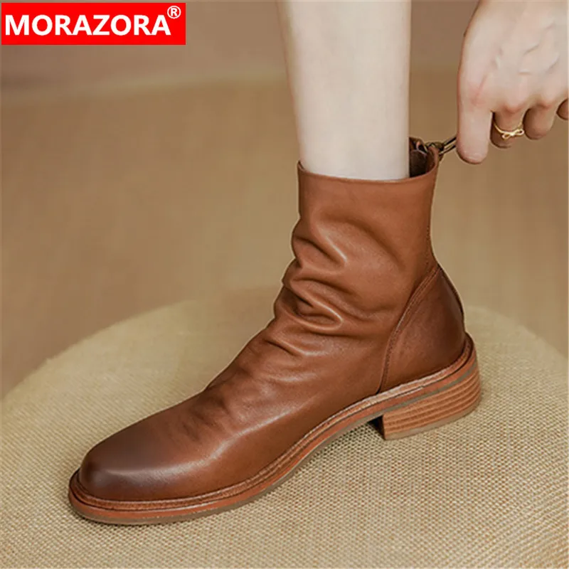 

MORAZORA 2024 New Genuine Leather Solid Women Boots Zipper Winter Ankle Platform Boots Ladies Thick Med Heels Shoes