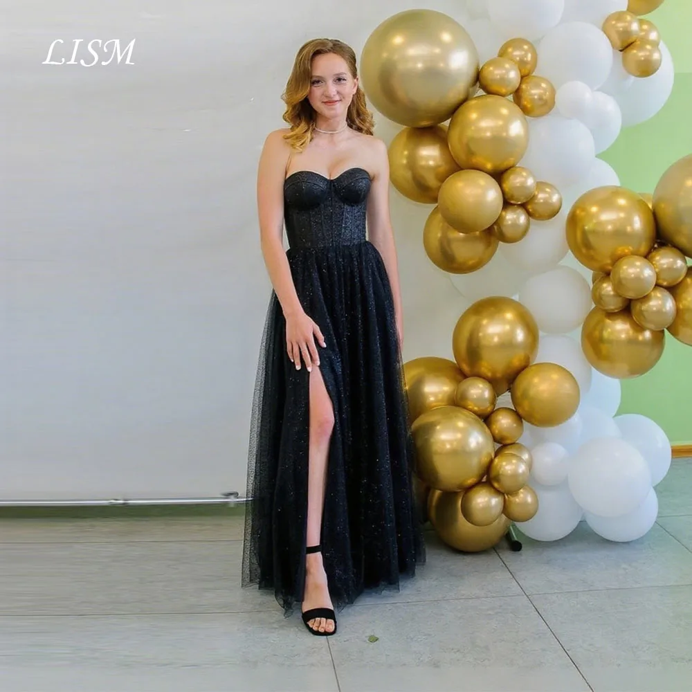 LISM Sparkly Sweetheart Black Evening Dresses A-Line Shiny Tulle Prom Dresses Customized Women Special Occasion Party Gowns