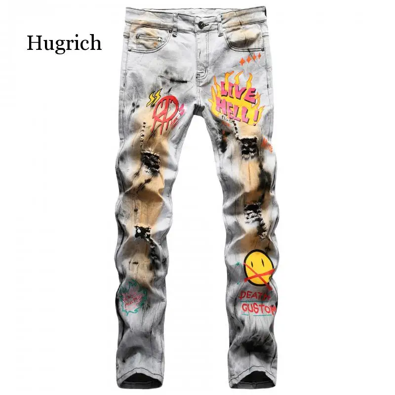 

Men's Colored Letters Skull Pattern Printed Jeans Trendy Streetwear Painted Holes Ripped Slim Straight Denim Pants