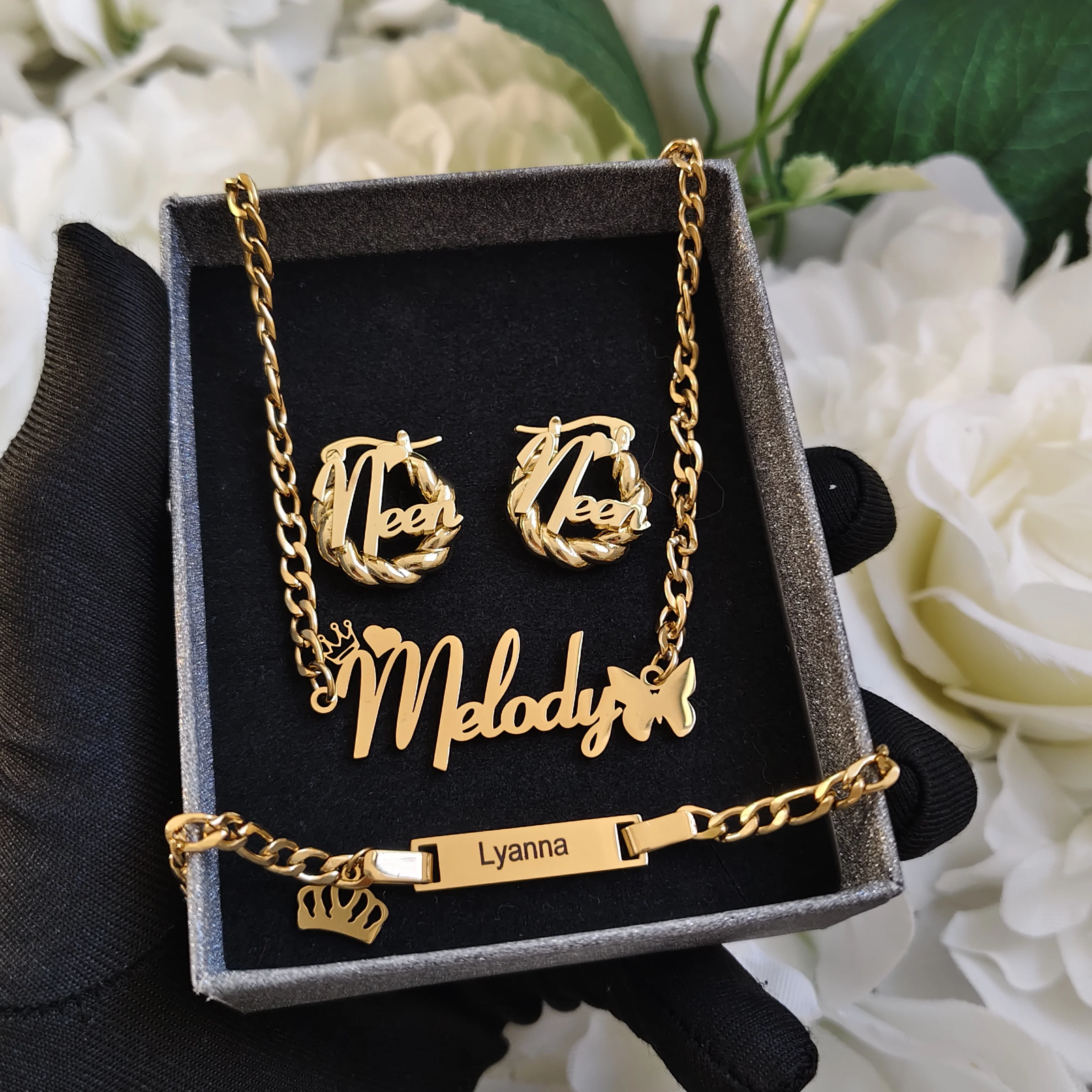 DHQH New Customized Name Set Personalized Letter Necklace Earrings Bracelet Set Valentine's Day Gift Manufacturer Direct Sales