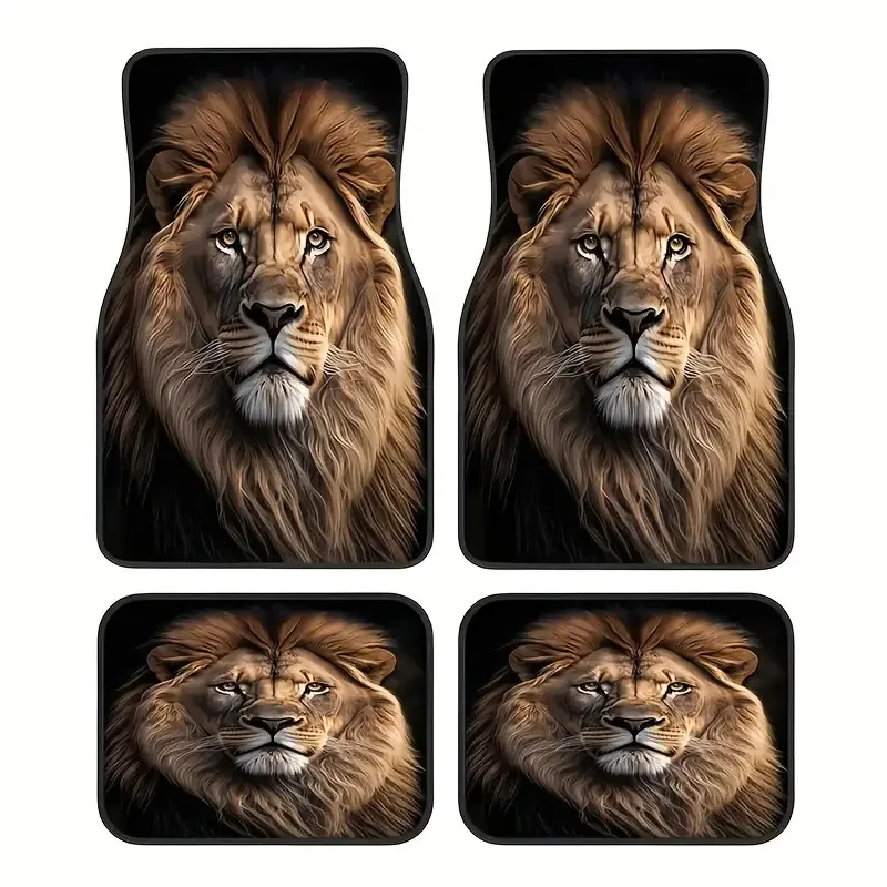 4pcs Lion Design Car Floor Mats - Durable Polyester, Easy To Clean, Pet-Friendly, Fit For Front & Rear Seats, Stylish Interior A