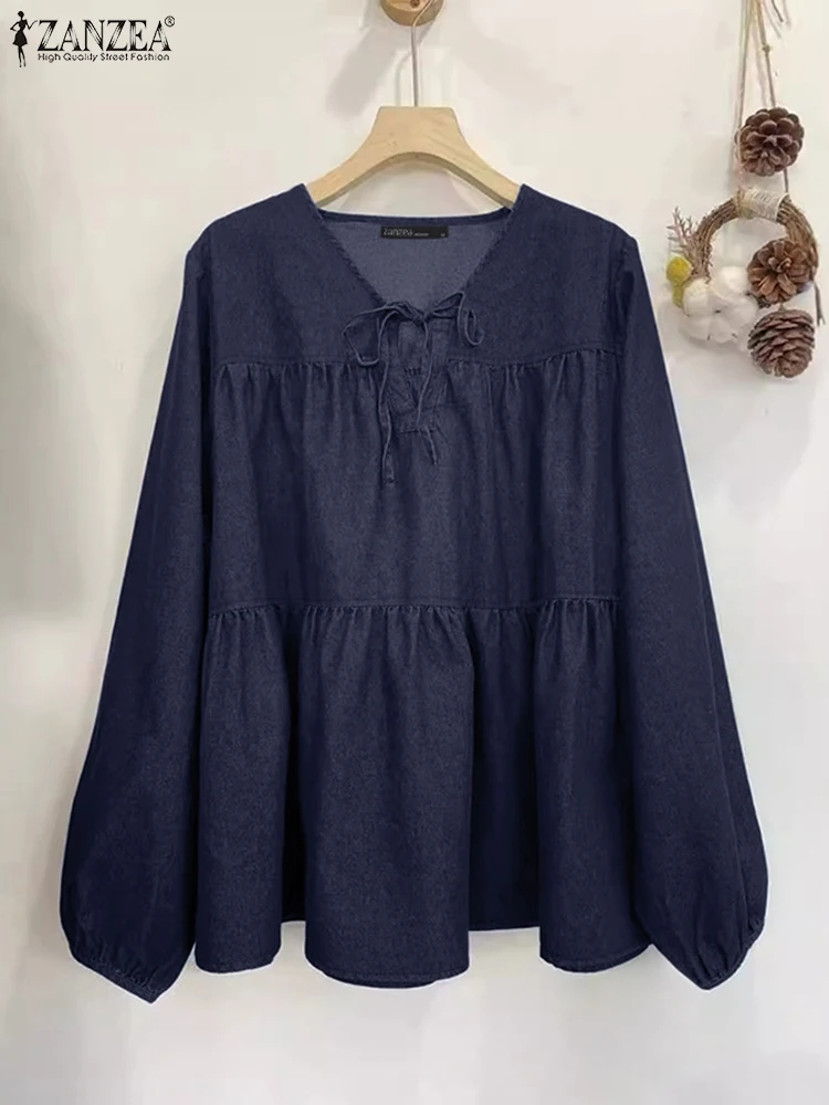 2024 Autumn Fashion Denim Blue Blouse ZANZEA Women Shirt Elegant Long Sleeve Lace Up Tops Tunic Stylish Work Holiday Blusas