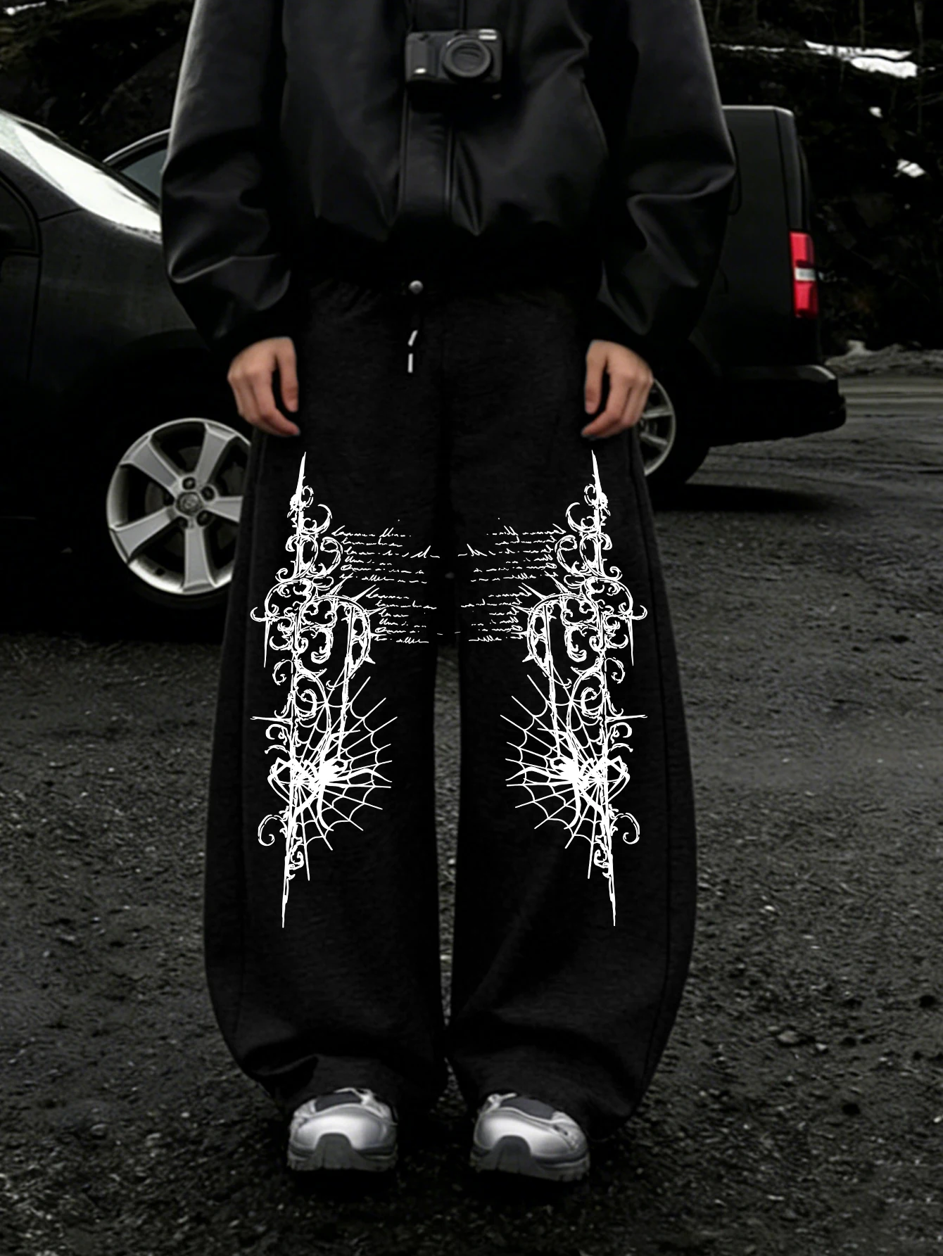 Men Y2K Dark Streetwear Sweatpants, Gothic Spider Web Vintage Script Symmetrical Double Side Print Drawstring LooseWideLegJogger