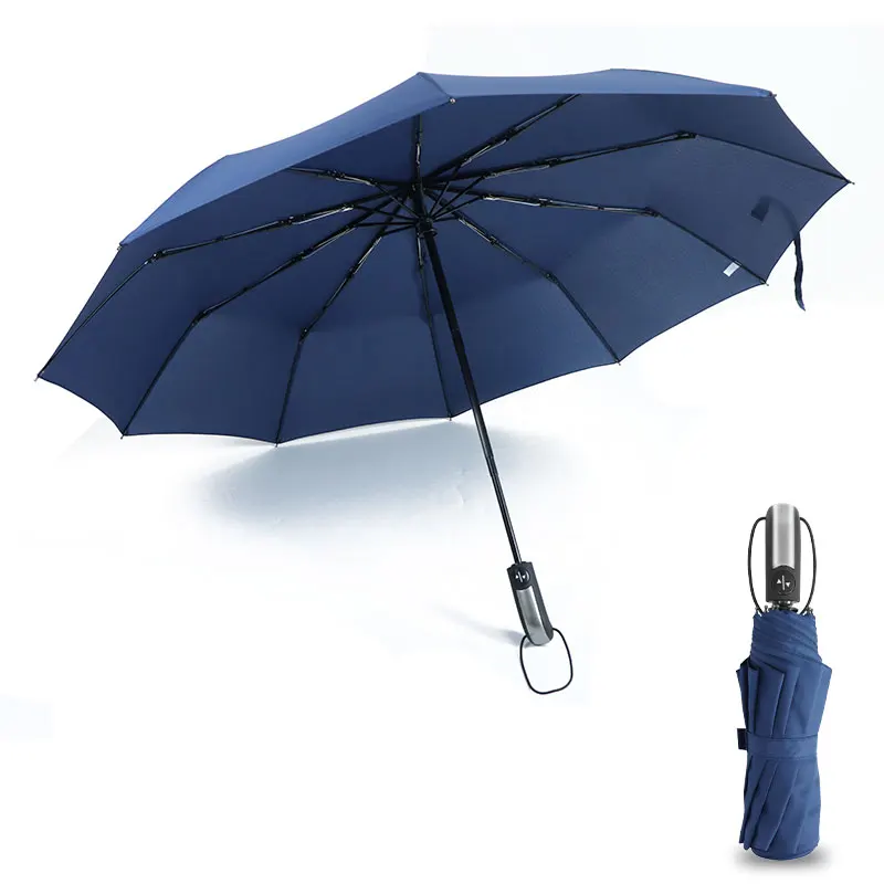 Fully automatic ten bone black rubber umbrella sunshade umbrella Three Folding Windproof Big Parasol Portable Resistant