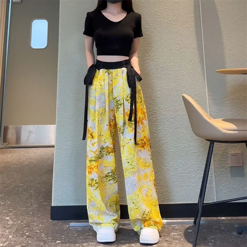 2024 Streetwear Summer Women Chiffon Wide-leg Pants Printing Streamer Bowknot Casual Pants Ladies Soft Elegant Straight Trousers